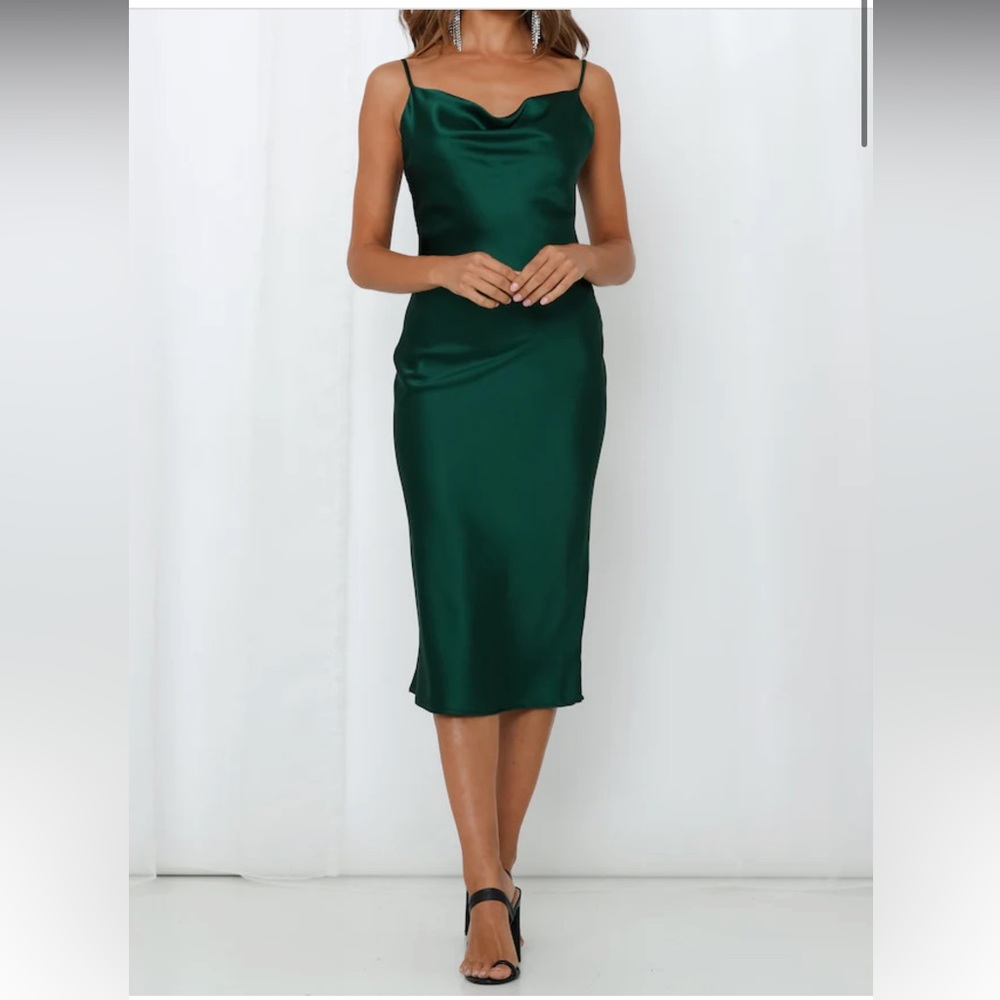 Hello Molly Emerald Green Satin Cowl Neckline Midi Dress